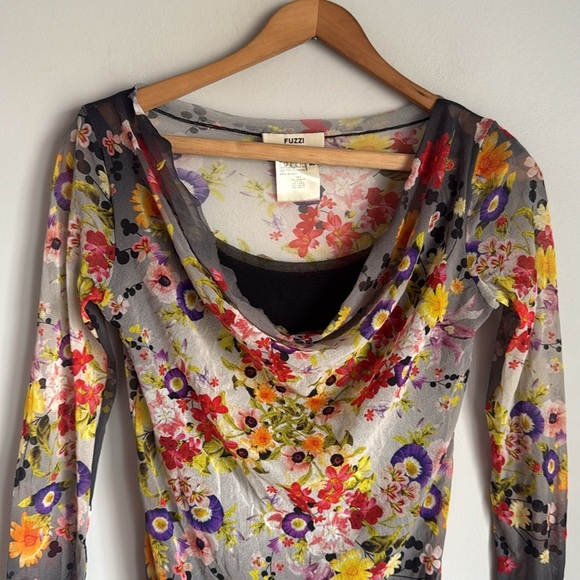 JPG Fuzzi Sheer Mesh Floral Long Sleeve Top – Cowl Neck Medium - Picture 2 of 9